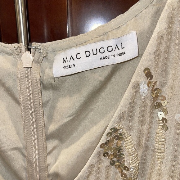 MAC DUGGAL 93591 SEQUINED V-NECK FLUTTER SLEEVE TEA LENGTH OYSTER SHEAT DRESS 4 - Picture 8 of 11